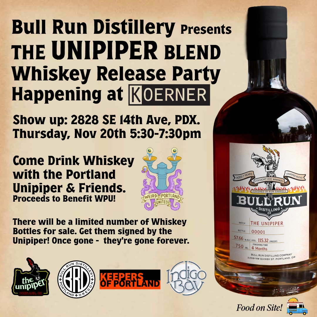 Archived 2025 Unipiper Blend whiskey release party flyer at Koerner, November 20