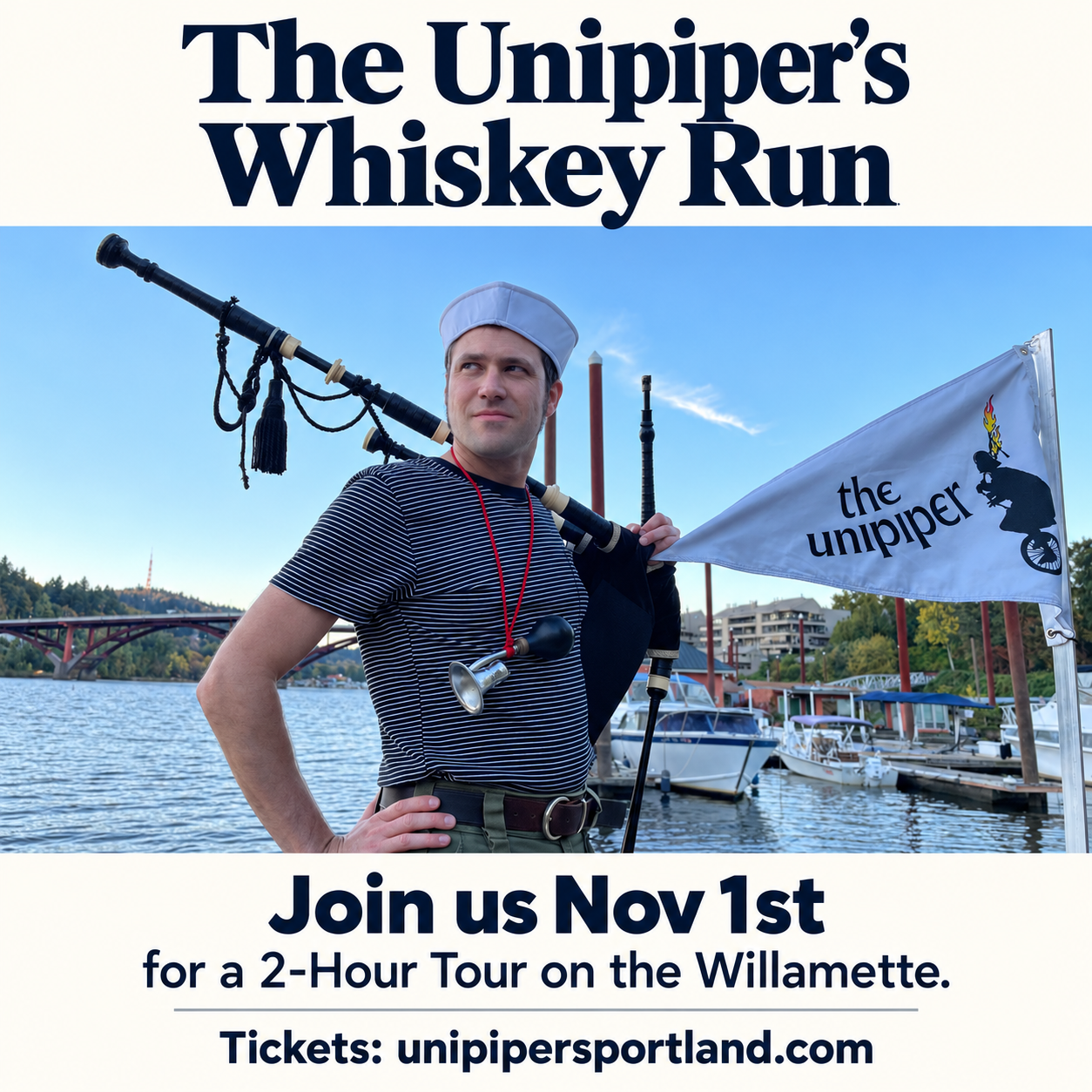 The Unipiper’s Whiskey Run flyer: join us November 1 for a two-hour tour on the Willamette